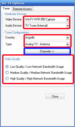 air tv options window on PC