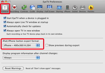 eyetv settings for iPhone export