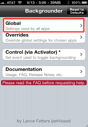 Glabal settings for Backgrounder for the iPhone