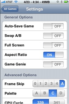 iPhone nes emulator settings