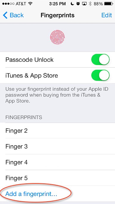 iPhone 5s fingerprints settings