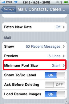 iphone email font size