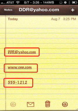 iPhone notes can recognize email, web sites, and phone numbers