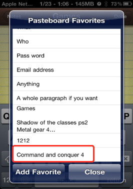 Adding a favorite item to the Action menu contextual menu for iPhone