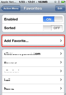 iPhone contextual menu favorites settings