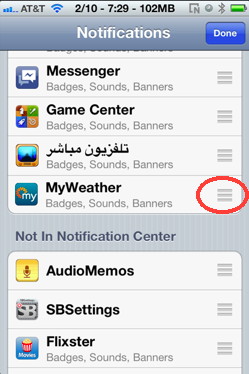 Moving apps in notification center settings