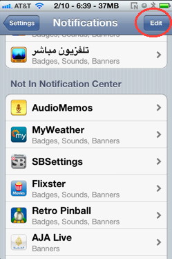 Notification center apps arrangement