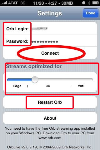 orblive settings TV on iphone