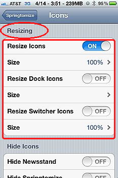Resize iPhone icons with springtomize 2