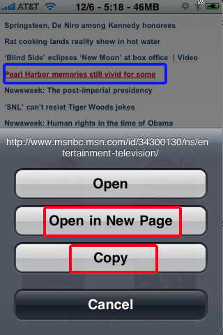 iPhone safari tap and hold iPhone application