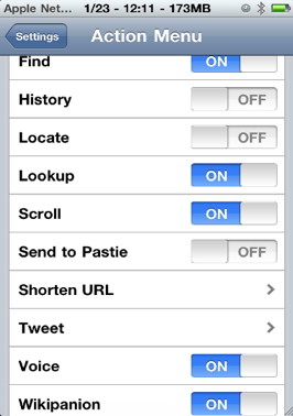 Setting action menu iPhone context menu