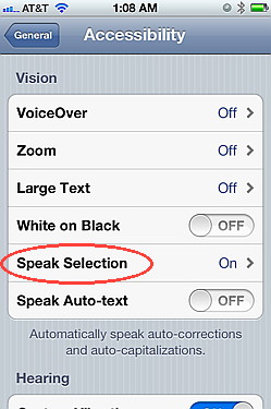 Speak selection for iOS 5