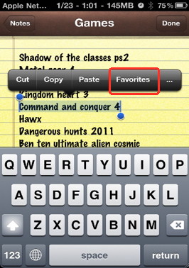 Add items to the favorites in Action menu iPhone context menu