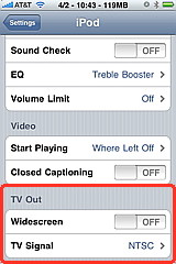 iPhone TV out setting in iPod