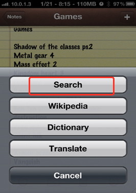 iPhone context menu option that allows you to search the web for a word