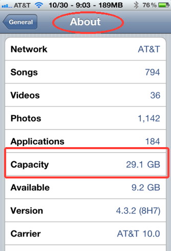 iPhone memory capacity can be found in Settings, General, About